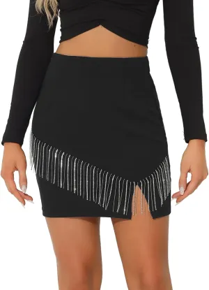 Allegra K Sparkly Fringe Skirt for Women's High Waist Split Mini Pencil Skirts