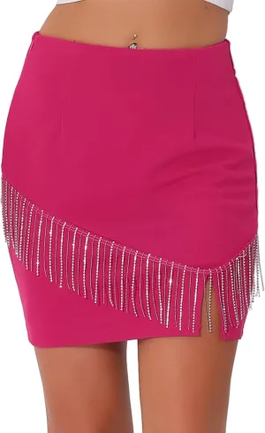 Allegra K Sparkly Fringe Skirt for Women's High Waist Split Mini Pencil Skirts