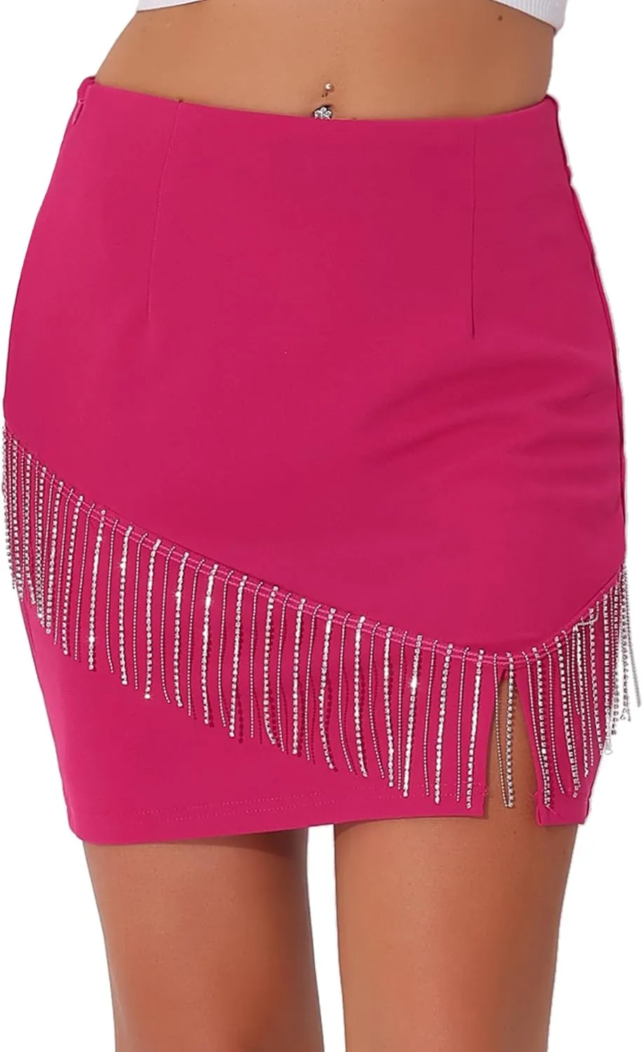Allegra K Sparkly Fringe Skirt for Women's High Waist Split Mini Pencil Skirts