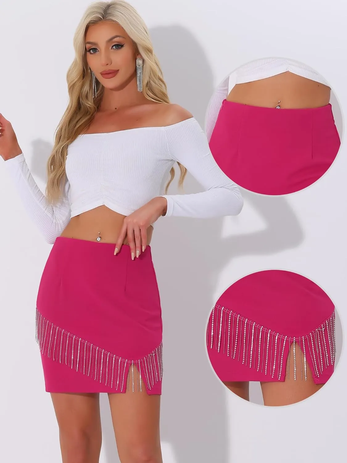 Allegra K Sparkly Fringe Skirt for Women's High Waist Split Mini Pencil Skirts