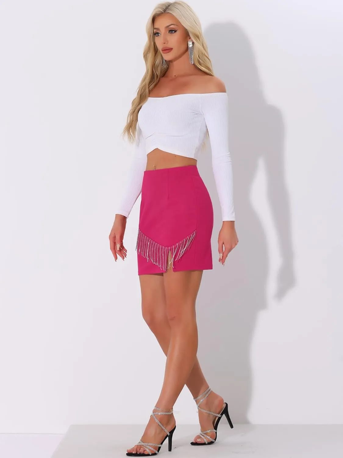 Allegra K Sparkly Fringe Skirt for Women's High Waist Split Mini Pencil Skirts