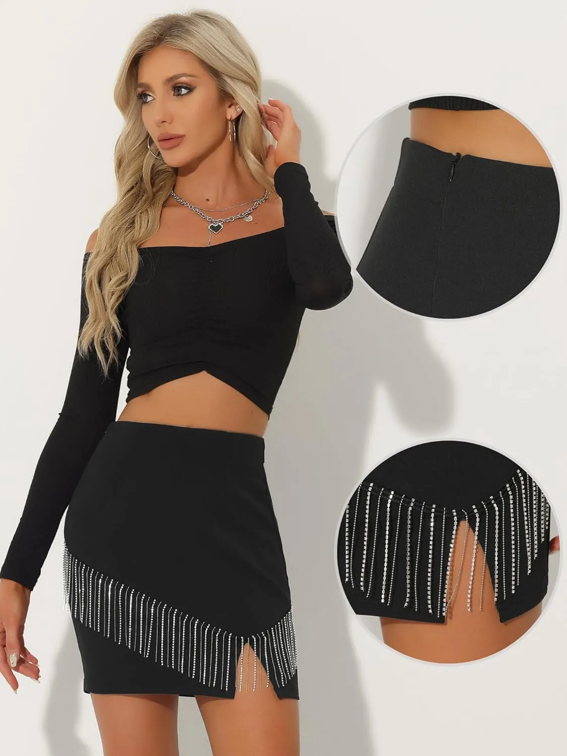 Allegra K Sparkly Fringe Skirt for Women's High Waist Split Mini Pencil Skirts