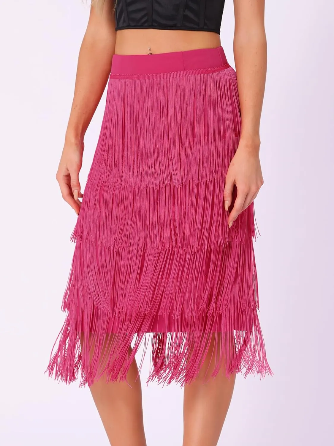 Allegra K Women's High Waist Bodycon Tiered Pencil Midi Tassel Fringe Skirts