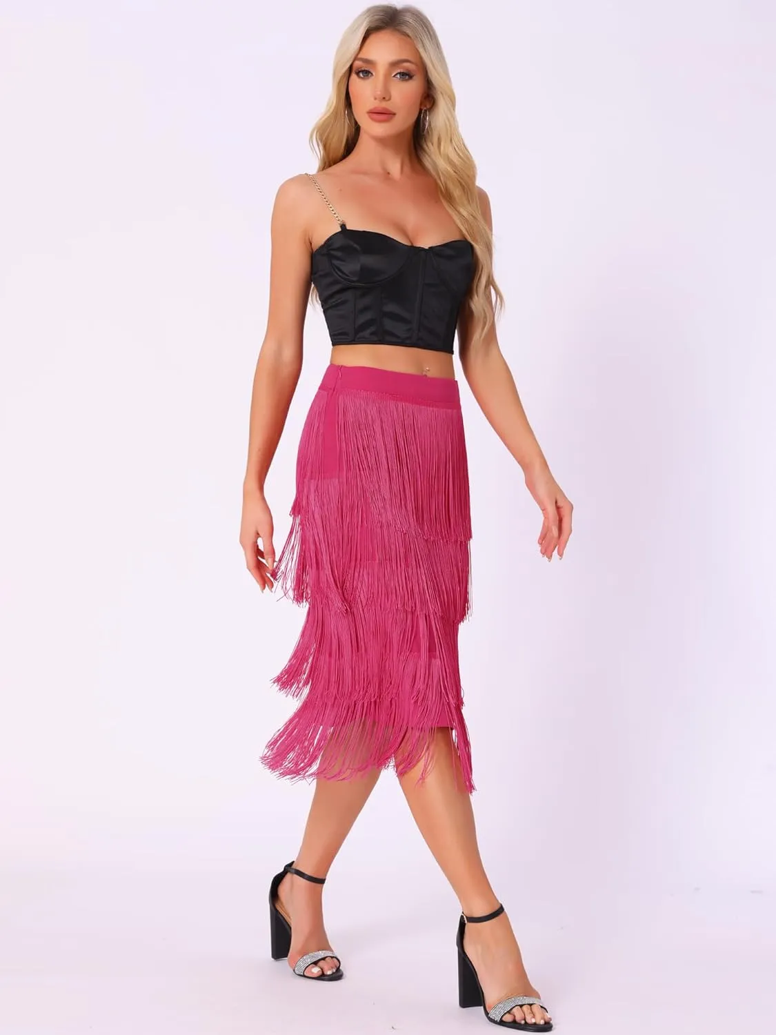 Allegra K Women's High Waist Bodycon Tiered Pencil Midi Tassel Fringe Skirts