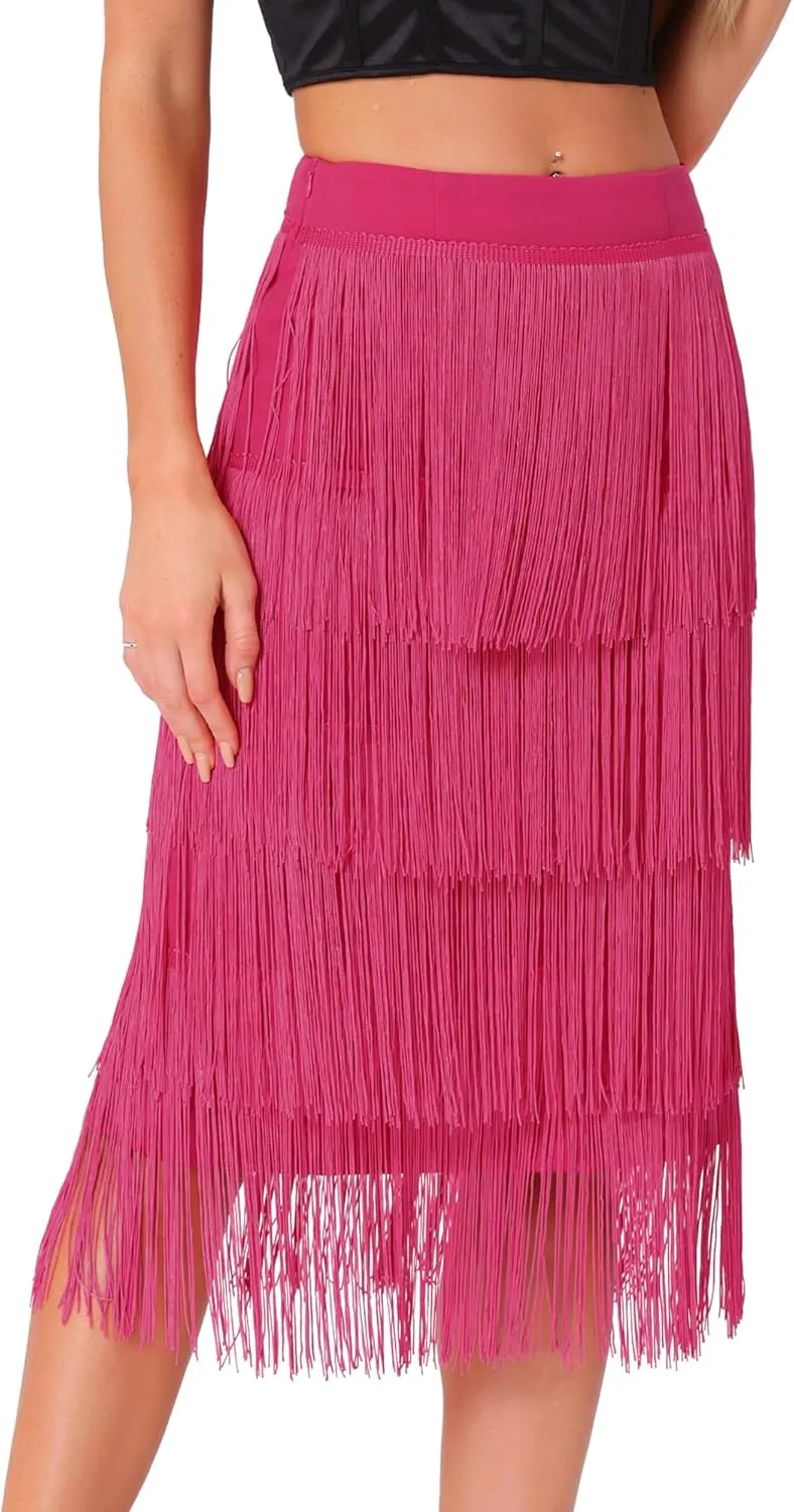 Allegra K Women's High Waist Bodycon Tiered Pencil Midi Tassel Fringe Skirts