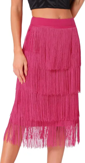 Allegra K Women's High Waist Bodycon Tiered Pencil Midi Tassel Fringe Skirts