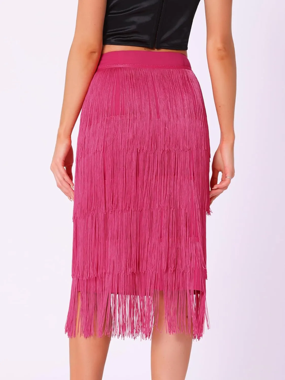 Allegra K Women's High Waist Bodycon Tiered Pencil Midi Tassel Fringe Skirts
