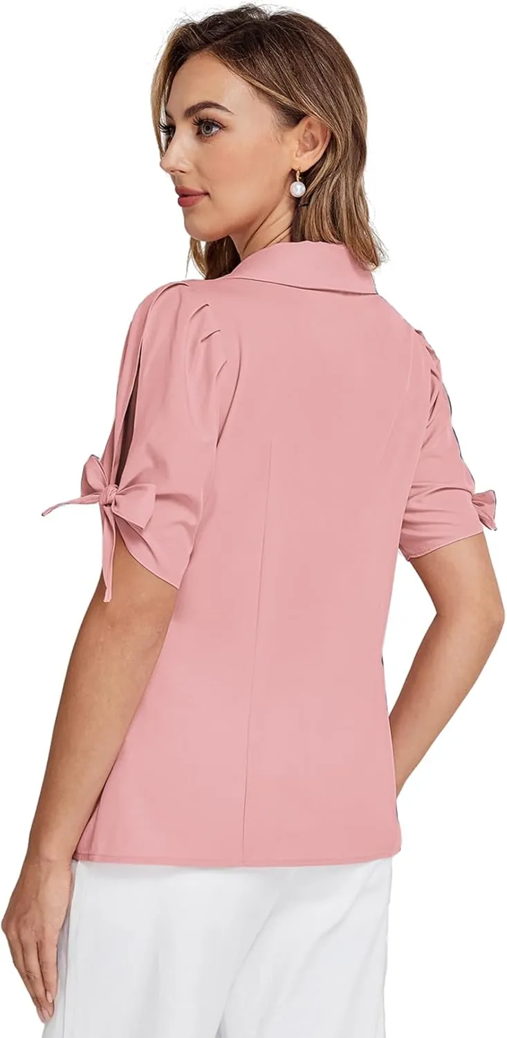 Bello Poque Women Vintage Blouse 1950s Retrt Button Up V Neck Short Bow Sleeves Blouse Shirts