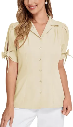 Bello Poque Women Vintage Blouse 1950s Retrt Button Up V Neck Short Bow Sleeves Blouse Shirts