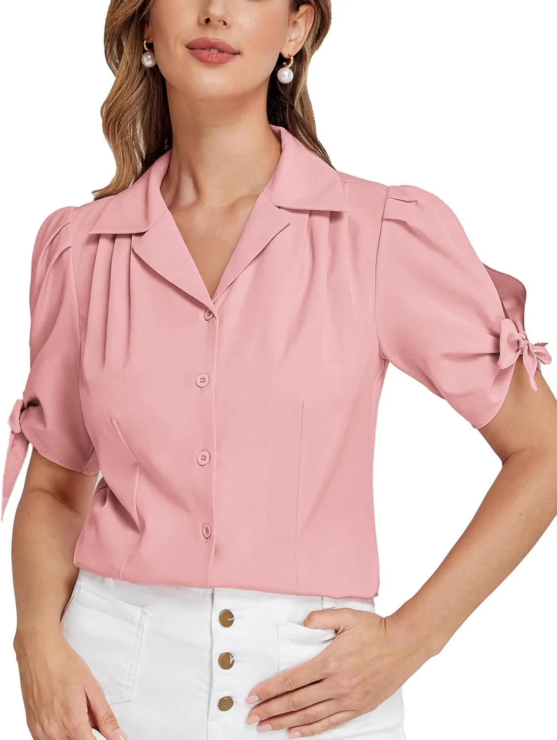 Bello Poque Women Vintage Blouse 1950s Retrt Button Up V Neck Short Bow Sleeves Blouse Shirts