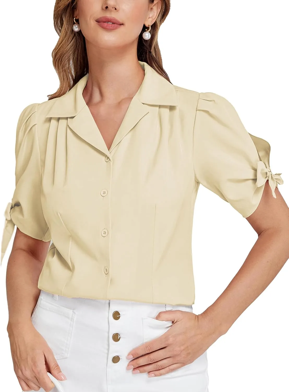 Bello Poque Women Vintage Blouse 1950s Retrt Button Up V Neck Short Bow Sleeves Blouse Shirts