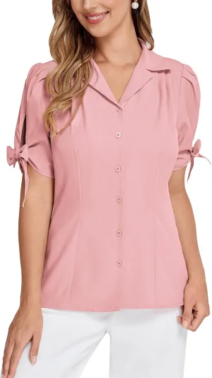 Bello Poque Women Vintage Blouse 1950s Retrt Button Up V Neck Short Bow Sleeves Blouse Shirts