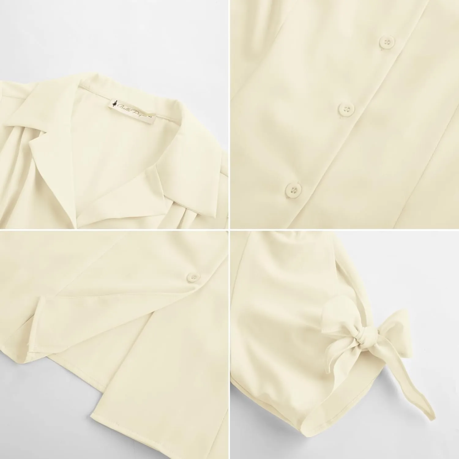 Bello Poque Women Vintage Blouse 1950s Retrt Button Up V Neck Short Bow Sleeves Blouse Shirts