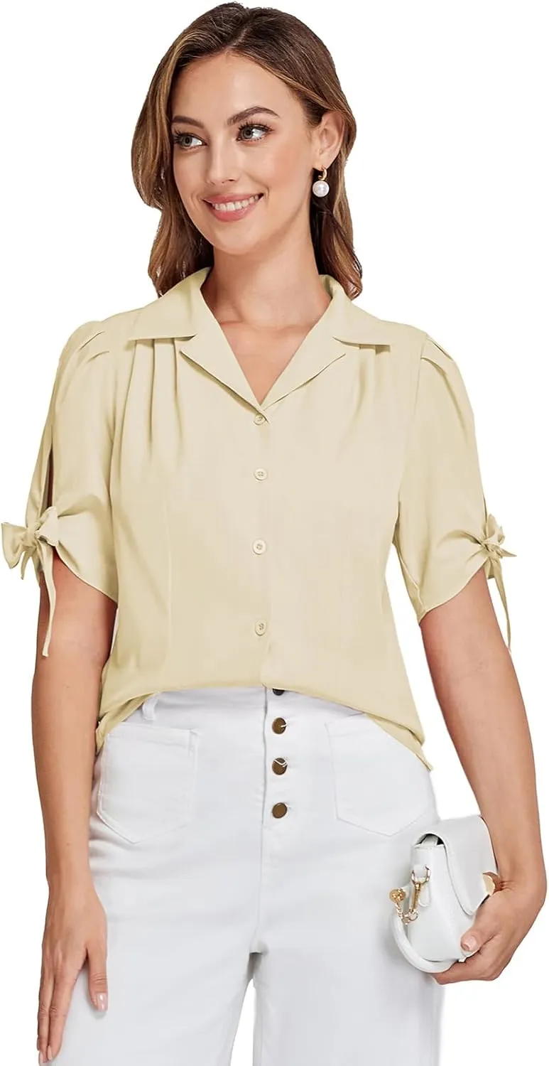 Bello Poque Women Vintage Blouse 1950s Retrt Button Up V Neck Short Bow Sleeves Blouse Shirts