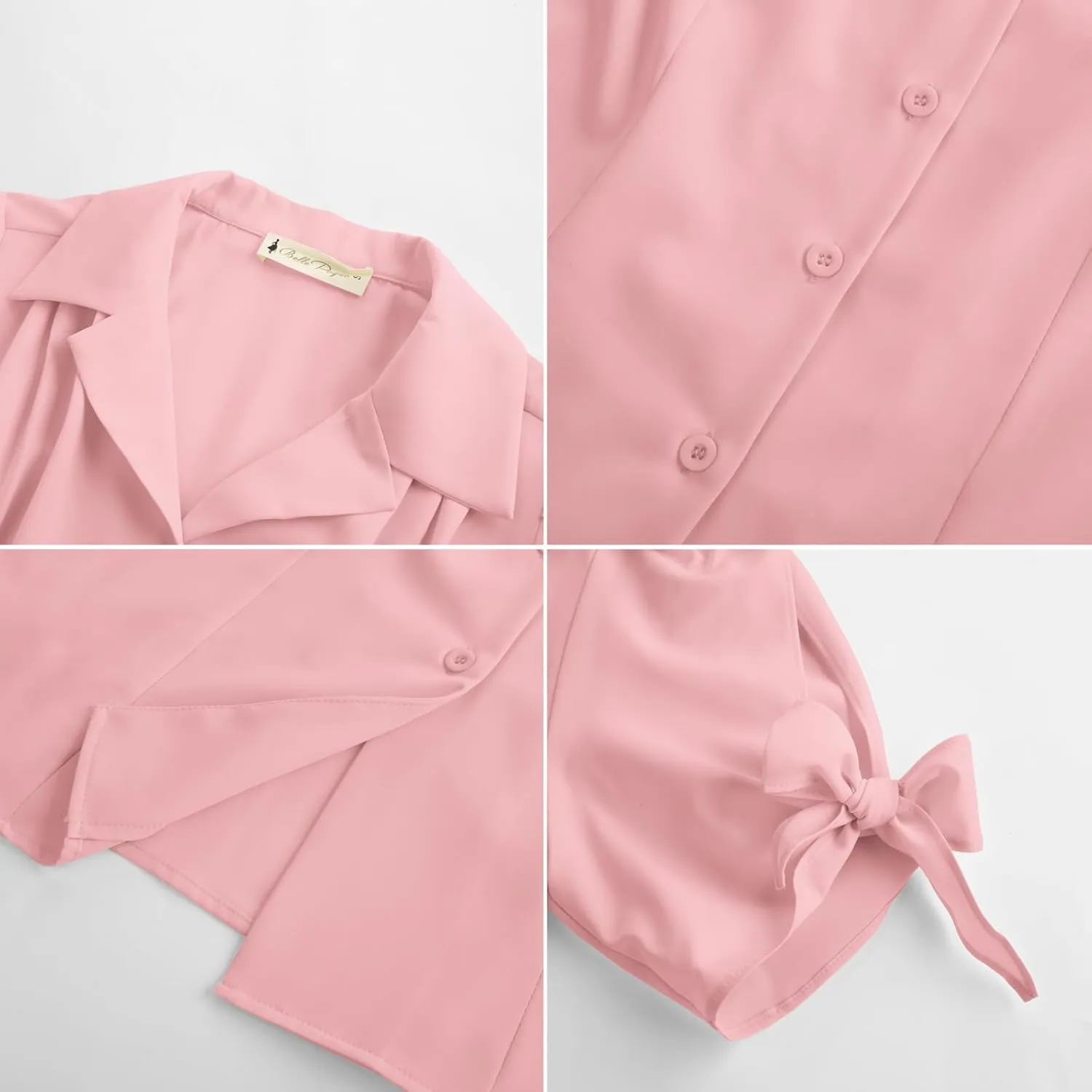 Bello Poque Women Vintage Blouse 1950s Retrt Button Up V Neck Short Bow Sleeves Blouse Shirts