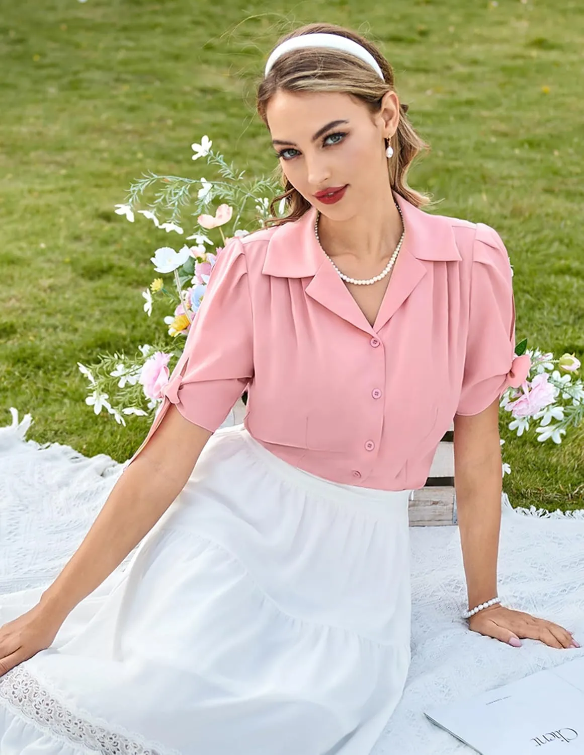 Bello Poque Women Vintage Blouse 1950s Retrt Button Up V Neck Short Bow Sleeves Blouse Shirts