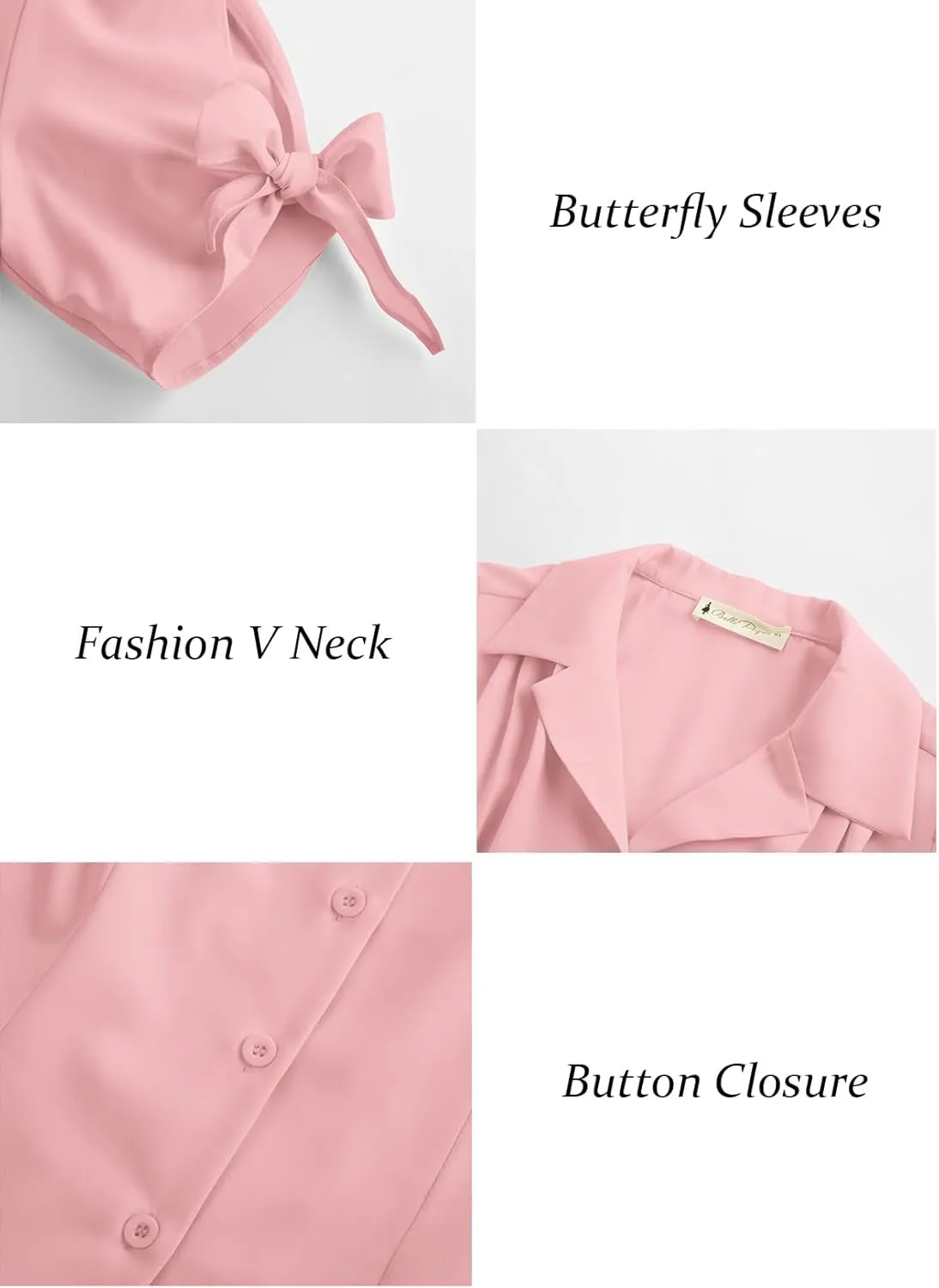 Bello Poque Women Vintage Blouse 1950s Retrt Button Up V Neck Short Bow Sleeves Blouse Shirts