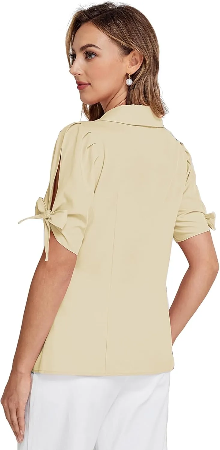 Bello Poque Women Vintage Blouse 1950s Retrt Button Up V Neck Short Bow Sleeves Blouse Shirts
