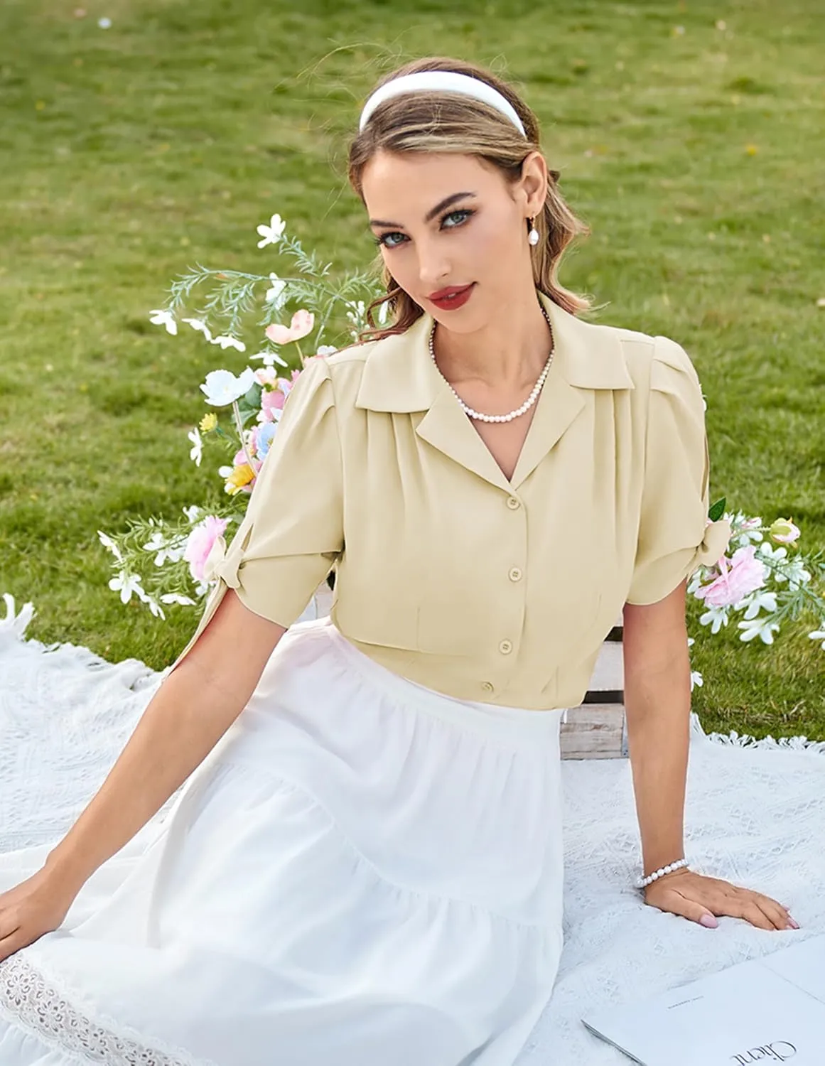Bello Poque Women Vintage Blouse 1950s Retrt Button Up V Neck Short Bow Sleeves Blouse Shirts
