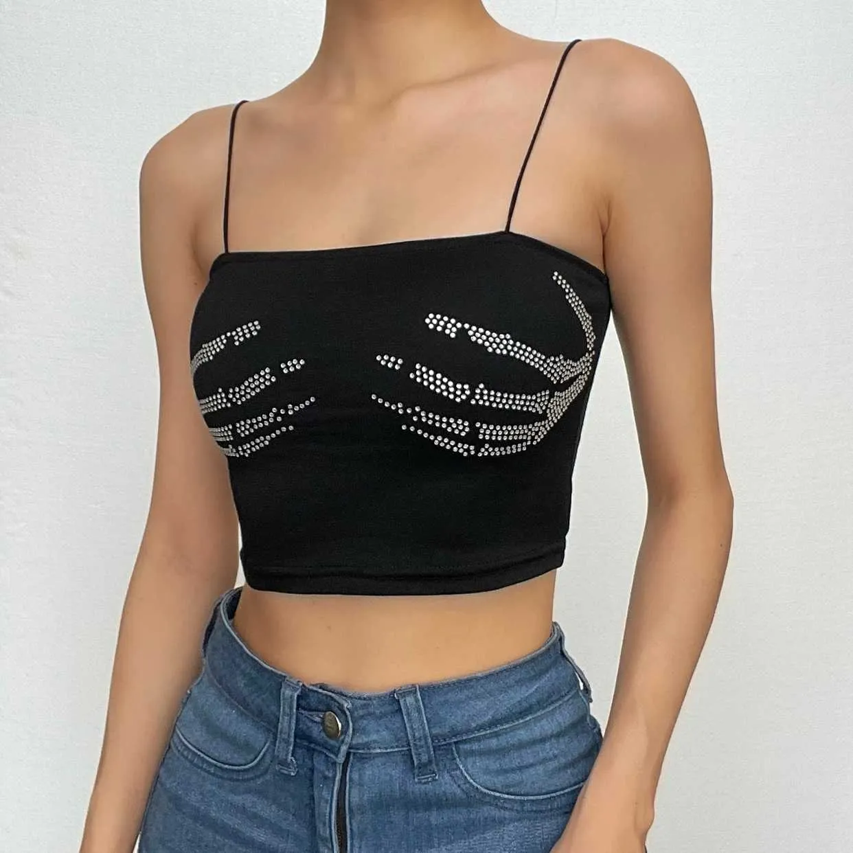 BerryBetty - Beaded square neck backless palm pattern crop top
