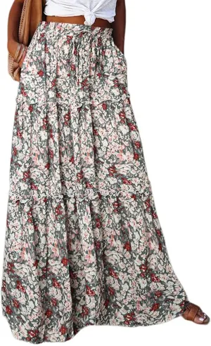 Boho Maxi Skirts for Women Casual High Waisted Tiered A Line Skirt Pleated Ruffle Hem Flowy Long Skirts with Pockets