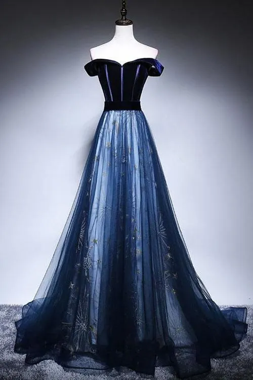 Dark Blue Velvet Tulle Long Prom Dress, Elegant Off the Shoulder Evening Dress with Sleeve UQ2608