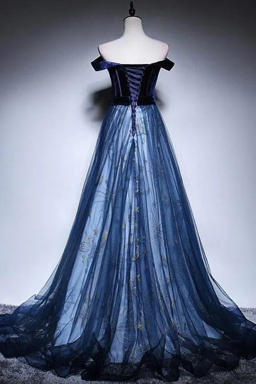 Dark Blue Velvet Tulle Long Prom Dress, Elegant Off the Shoulder Evening Dress with Sleeve UQ2608