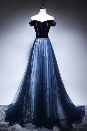 Dark Blue Velvet Tulle Long Prom Dress, Elegant Off the Shoulder Evening Dress with Sleeve UQ2608