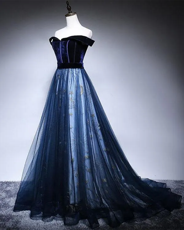 Dark Blue Velvet Tulle Long Prom Dress, Elegant Off the Shoulder Evening Dress with Sleeve UQ2608