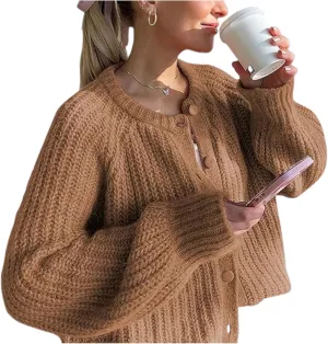 Esmeling Womens Long Sleeve Crewneck Sweater Cardigans Fall Casual Solid Chunky Knit Coat