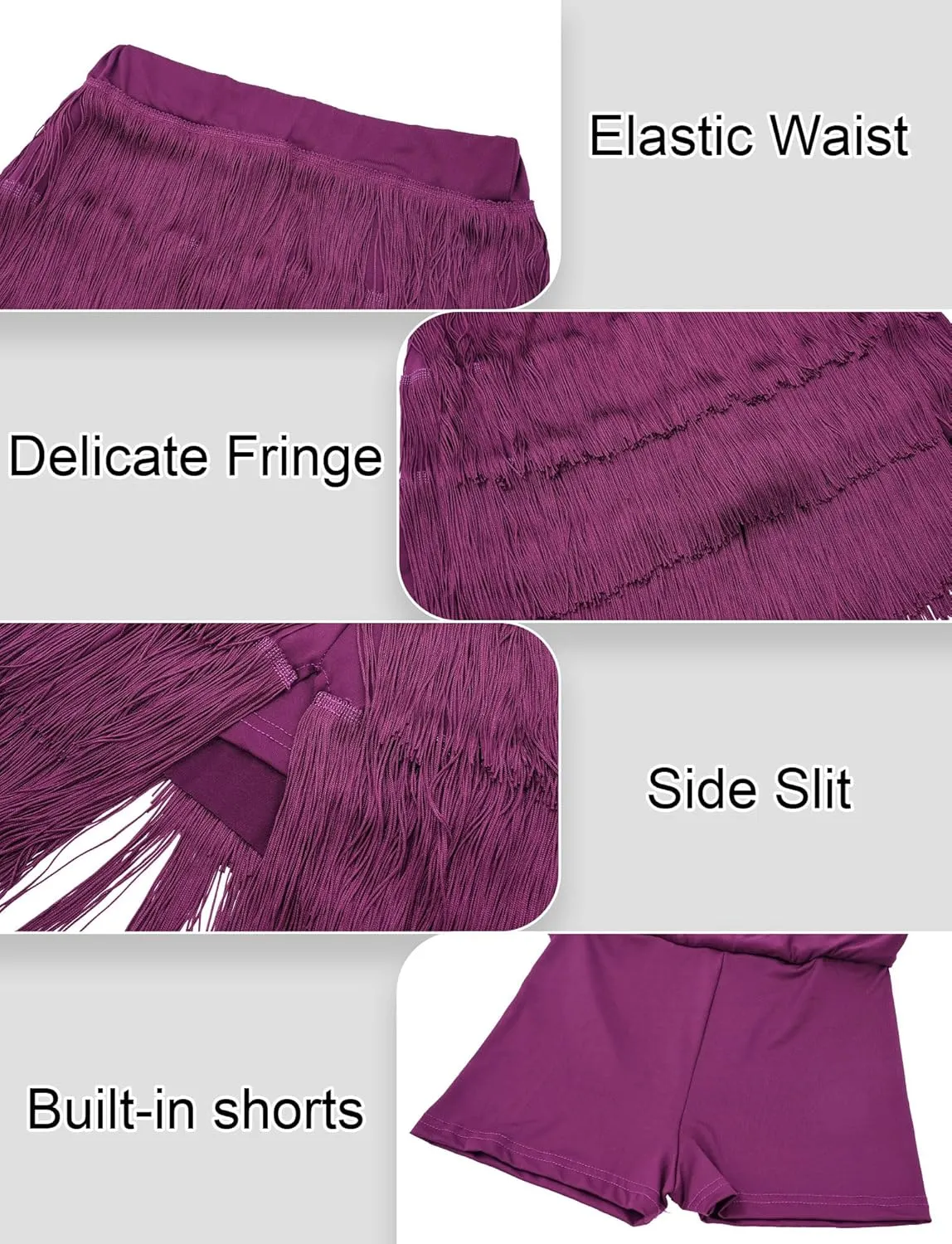 FEOYA Women's Fringe Dance Skirt - Latin Tango Salsa Ballroom Tassel Mini Shorts Multilayer Wrap Skirt