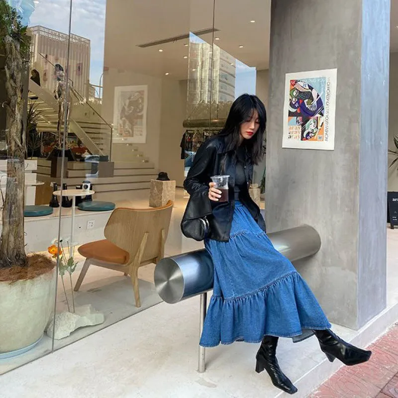 Flytonnshop church outfit Chubby Girl plus Size Denim Long Skirt Half-Length Cake Puffy Umbrella Skirt Mid-Length Elastic High Waist plus Size Women's Clothing 100.00kg
