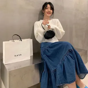 Flytonnshop church outfit Chubby Girl plus Size Denim Long Skirt Half-Length Cake Puffy Umbrella Skirt Mid-Length Elastic High Waist plus Size Women's Clothing 100.00kg