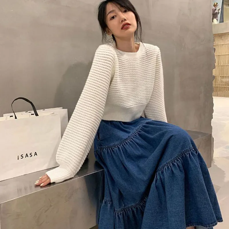 Flytonnshop church outfit Chubby Girl plus Size Denim Long Skirt Half-Length Cake Puffy Umbrella Skirt Mid-Length Elastic High Waist plus Size Women's Clothing 100.00kg