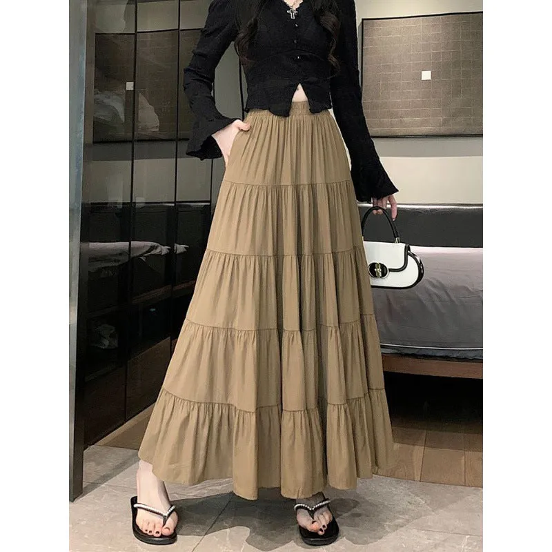 Flytonnshop church outfit Elastic Waist Cake Skirt for Women Spring and Summer New High Waist Slimming Design Stitching A- line Large Swing Umbrella Skirt Long Skirt