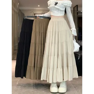 Flytonnshop church outfit Elastic Waist Cake Skirt for Women Spring and Summer New High Waist Slimming Design Stitching A- line Large Swing Umbrella Skirt Long Skirt