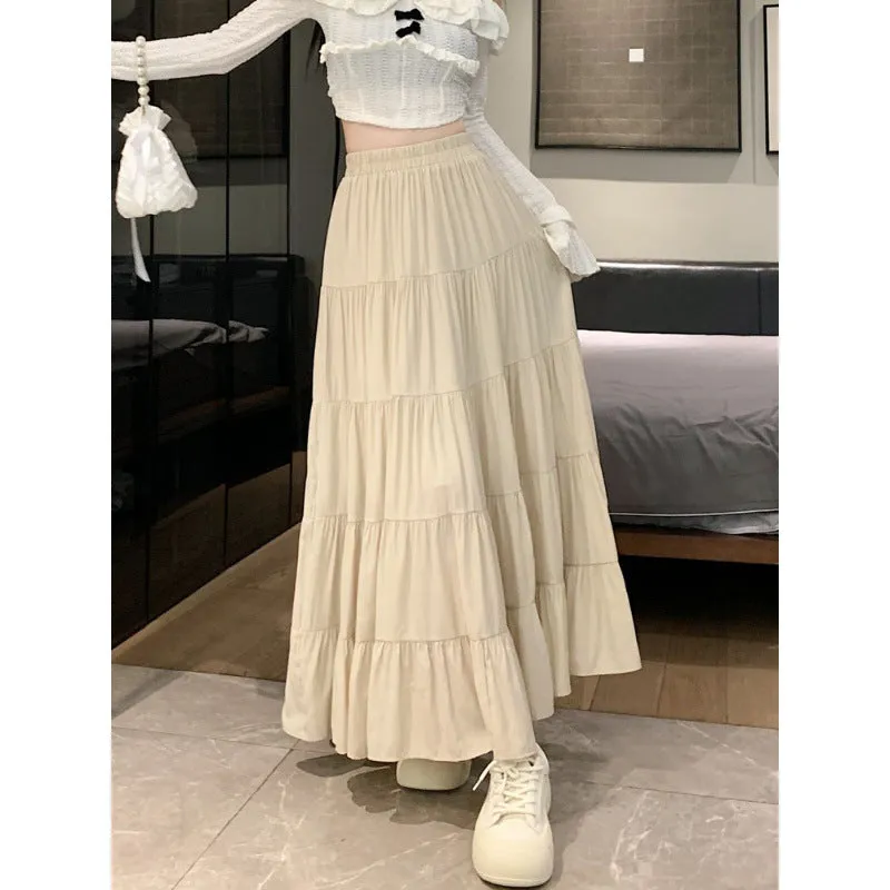 Flytonnshop church outfit Elastic Waist Cake Skirt for Women Spring and Summer New High Waist Slimming Design Stitching A- line Large Swing Umbrella Skirt Long Skirt