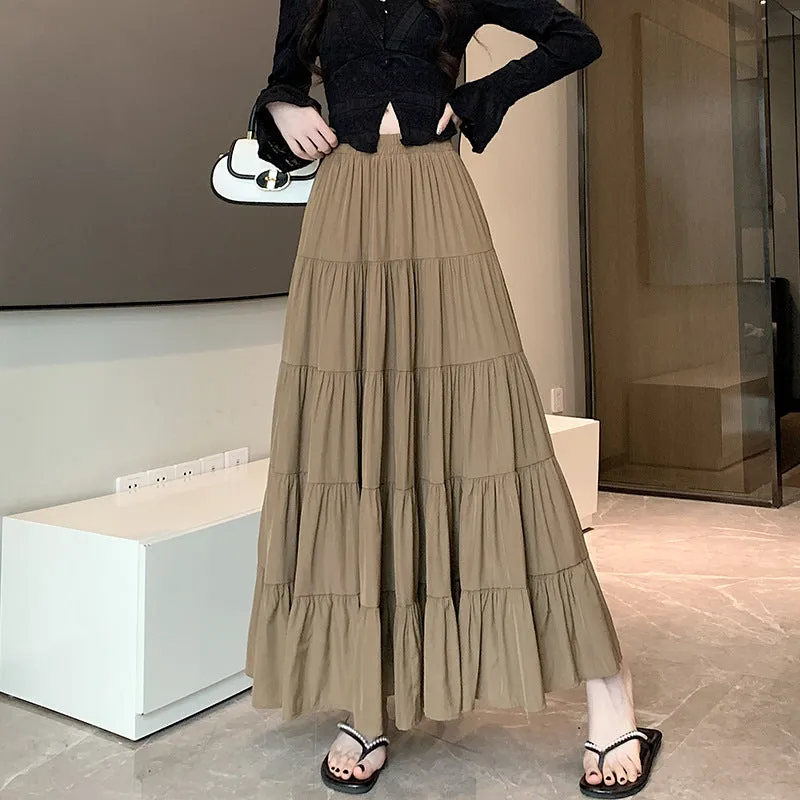 Flytonnshop church outfit Elastic Waist Cake Skirt for Women Spring and Summer New High Waist Slimming Design Stitching A- line Large Swing Umbrella Skirt Long Skirt