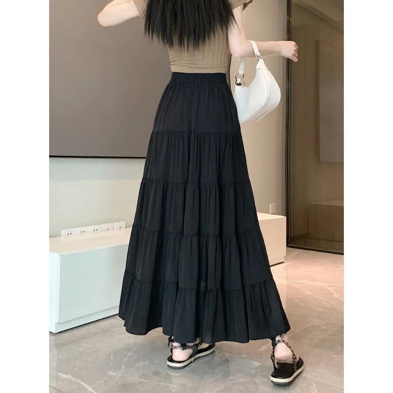 Flytonnshop church outfit Elastic Waist Cake Skirt for Women Spring and Summer New High Waist Slimming Design Stitching A- line Large Swing Umbrella Skirt Long Skirt