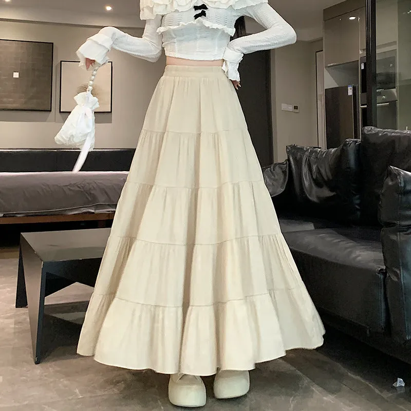 Flytonnshop church outfit Elastic Waist Cake Skirt for Women Spring and Summer New High Waist Slimming Design Stitching A- line Large Swing Umbrella Skirt Long Skirt