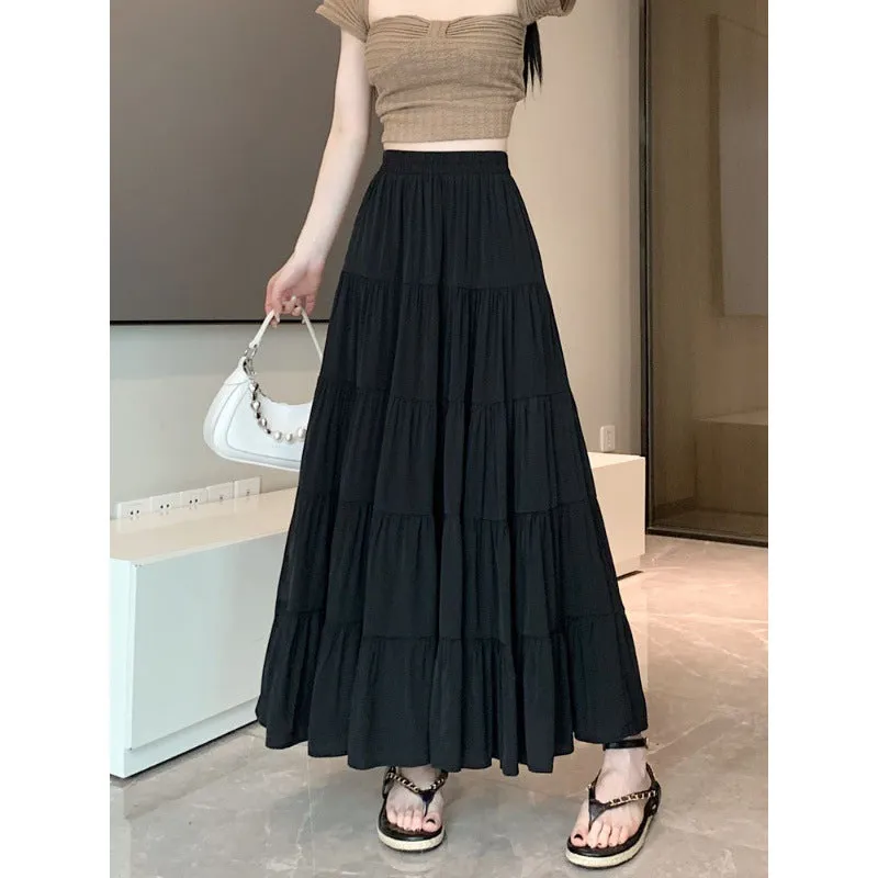 Flytonnshop church outfit Elastic Waist Cake Skirt for Women Spring and Summer New High Waist Slimming Design Stitching A- line Large Swing Umbrella Skirt Long Skirt