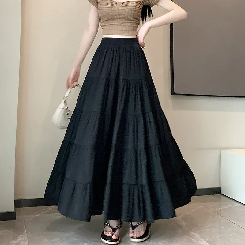 Flytonnshop church outfit Elastic Waist Cake Skirt for Women Spring and Summer New High Waist Slimming Design Stitching A- line Large Swing Umbrella Skirt Long Skirt