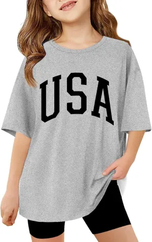 Girls Casual Short Sleeve Graphic T Shirts Kids Summer Tops Vintage Crewneck Loose Basic Tees 5-14 Years