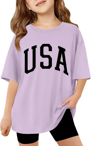 Girls Casual Short Sleeve Graphic T Shirts Kids Summer Tops Vintage Crewneck Loose Basic Tees 5-14 Years