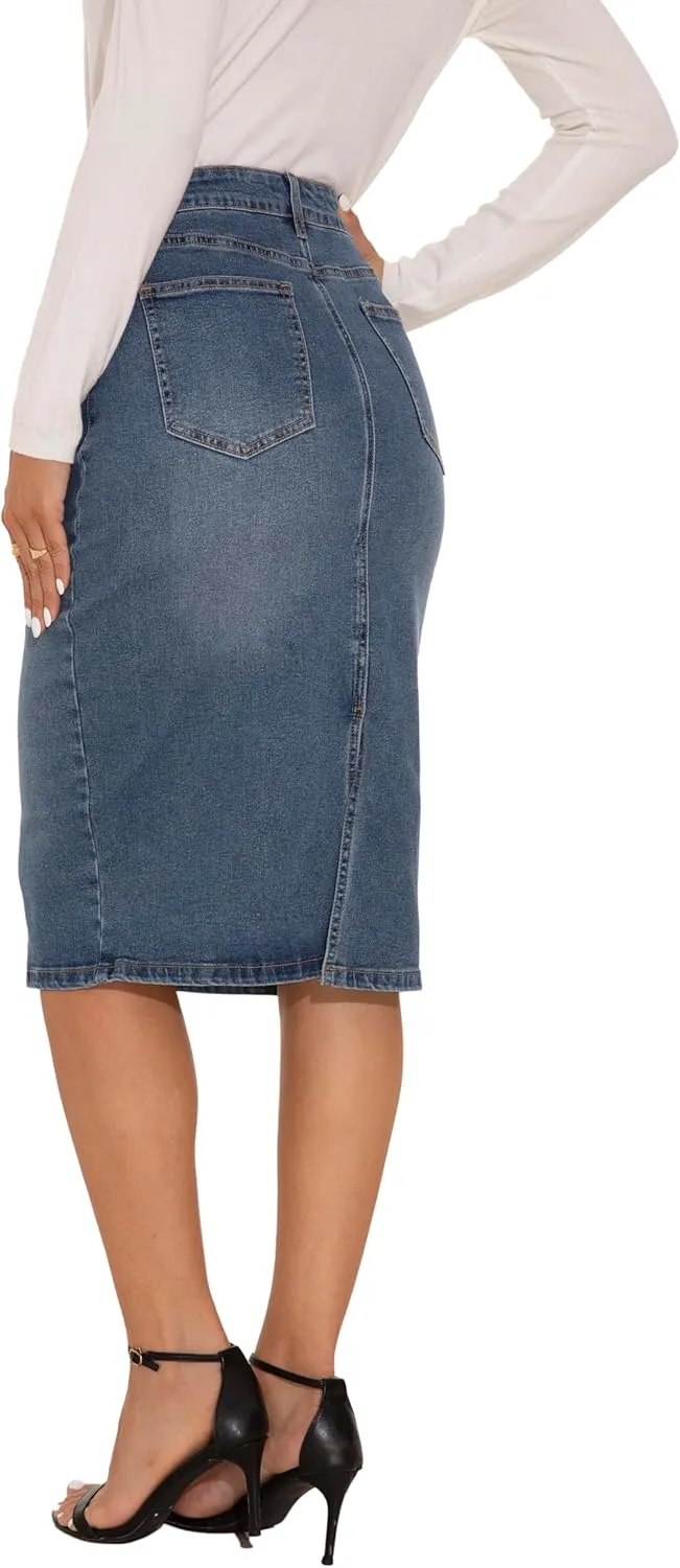 GUANYY Womens Denim Skirt-High Waisted Knee Length Slim Fit Pencil Stretch Jean Skirt