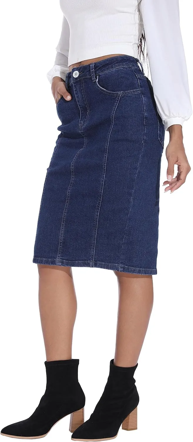 GUANYY Womens Denim Skirt-High Waisted Knee Length Slim Fit Pencil Stretch Jean Skirt
