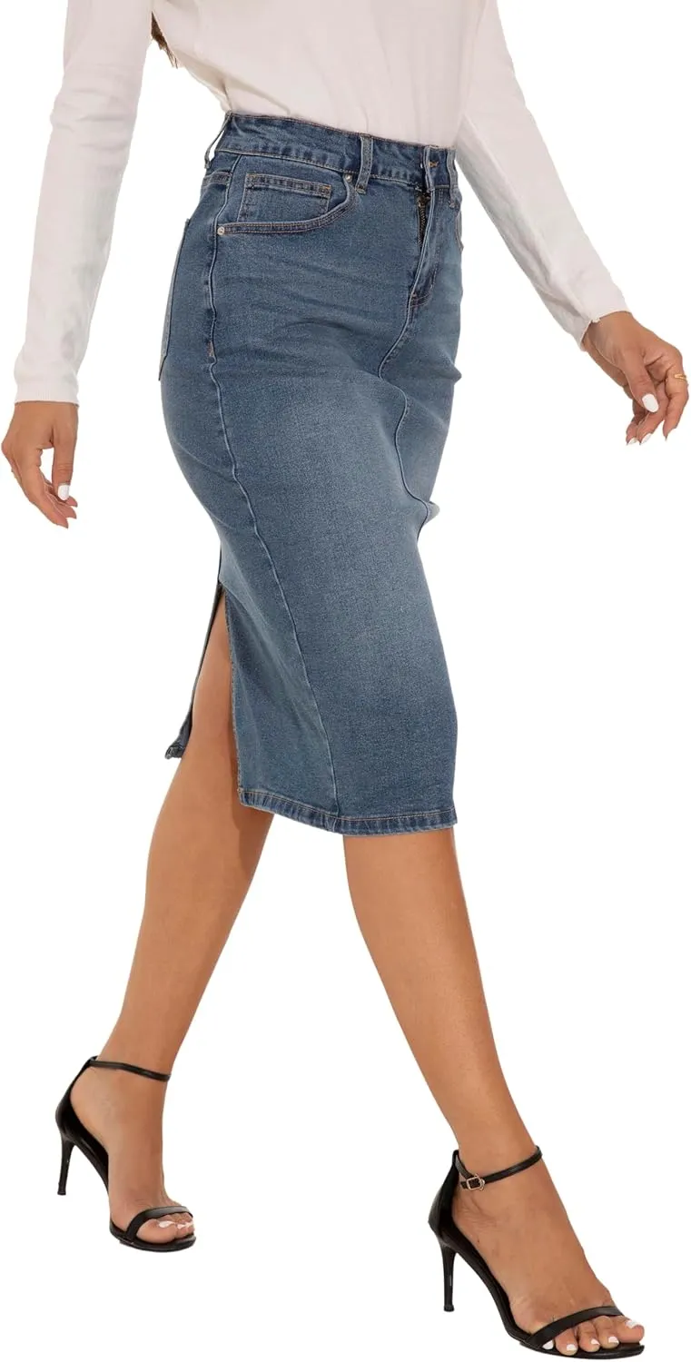 GUANYY Womens Denim Skirt-High Waisted Knee Length Slim Fit Pencil Stretch Jean Skirt