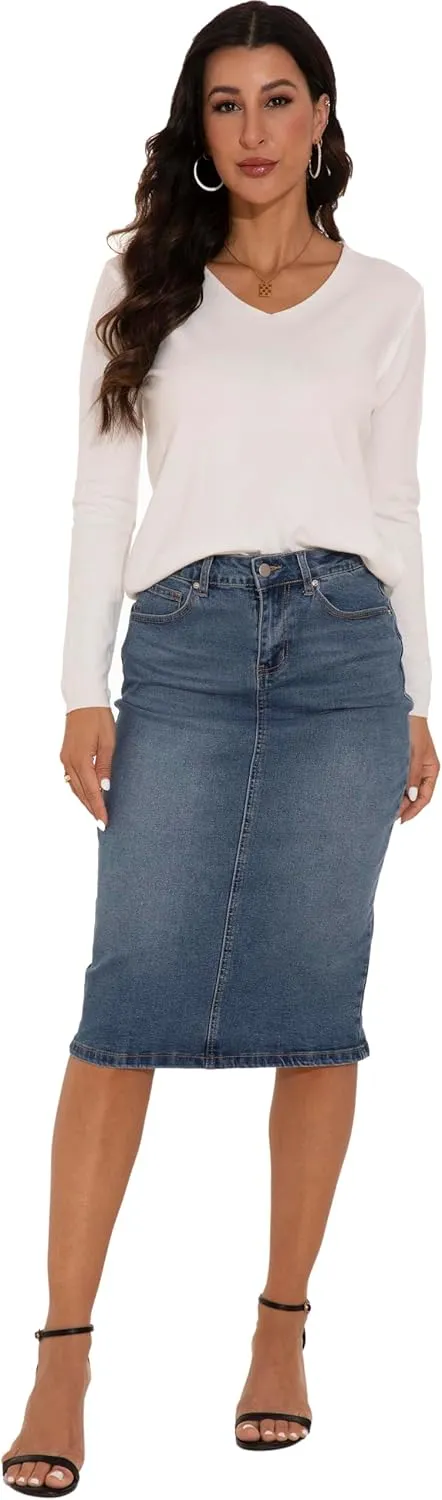 GUANYY Womens Denim Skirt-High Waisted Knee Length Slim Fit Pencil Stretch Jean Skirt