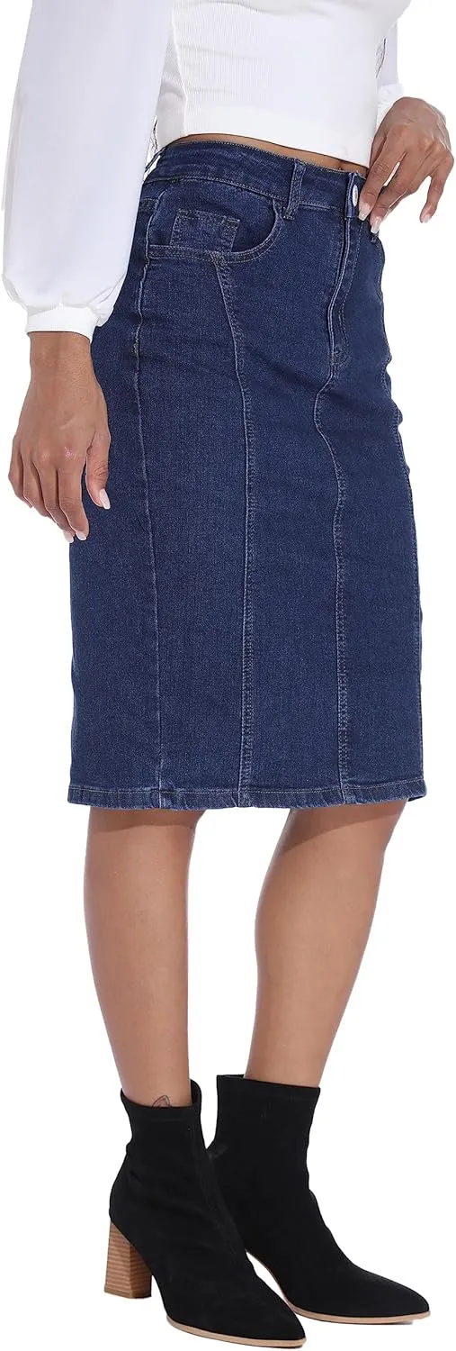 GUANYY Womens Denim Skirt-High Waisted Knee Length Slim Fit Pencil Stretch Jean Skirt