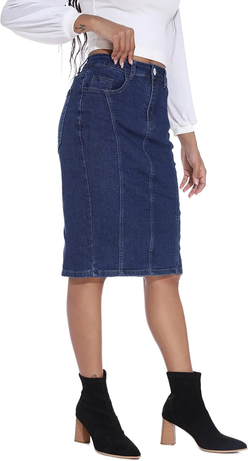 GUANYY Womens Denim Skirt-High Waisted Knee Length Slim Fit Pencil Stretch Jean Skirt